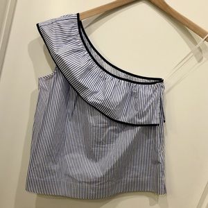 J. Crew one-shoulder seersucker top with navy trim